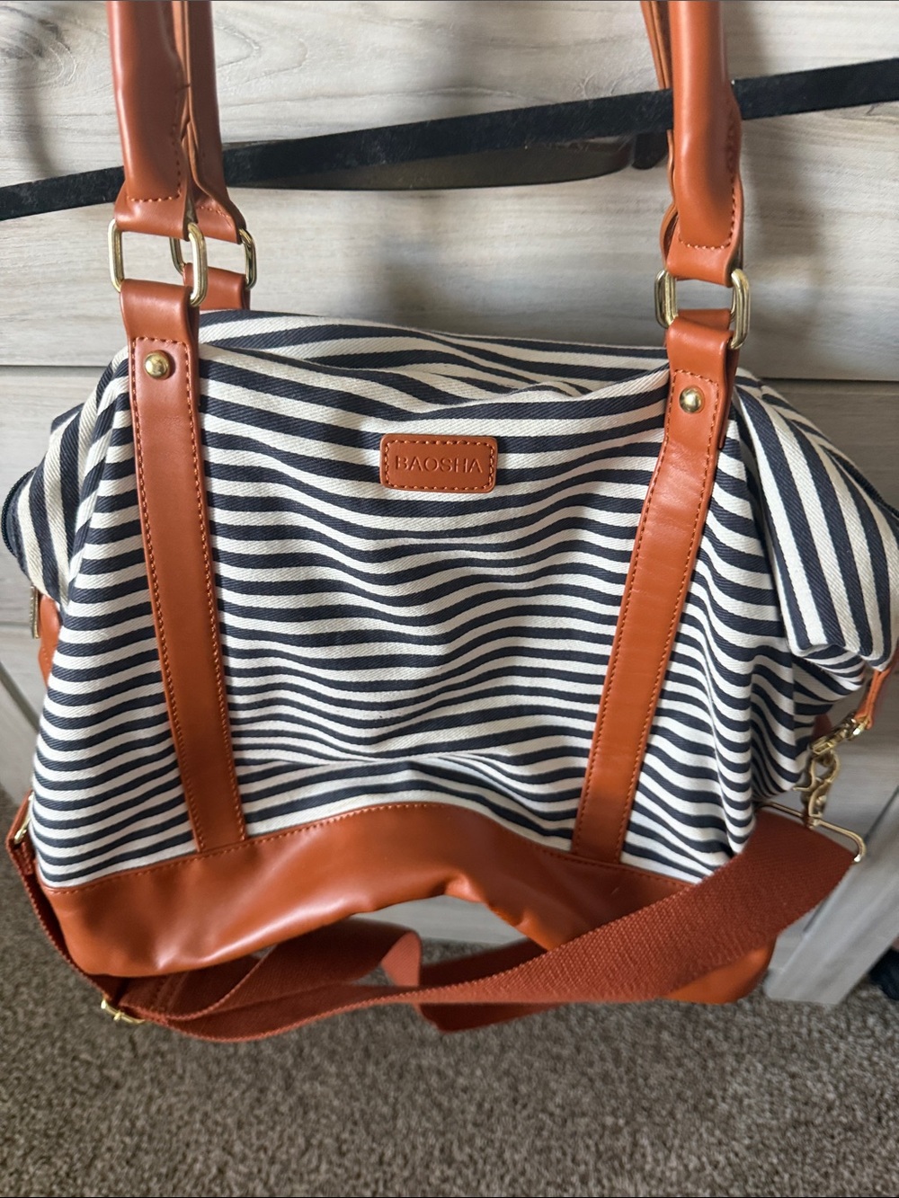 Striped Canvas & Tan Leather Tote Bag